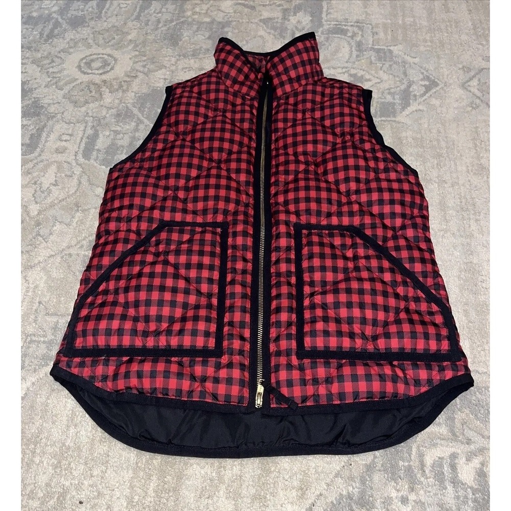 J CREW Puffer Vest Red Black Buffalo Plaid Down Filled Women's Sz XS XSMALL
